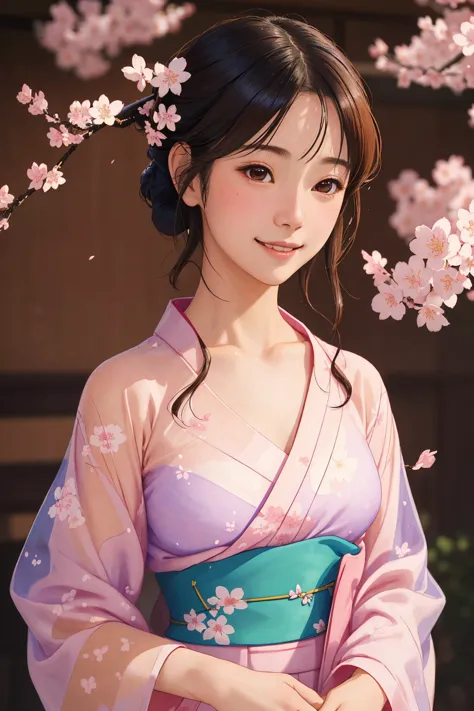 1girl, solo, smile, look away,  beautiful see-through Yukata, delicate pattern, beautiful neck , complex background, cherry blos...