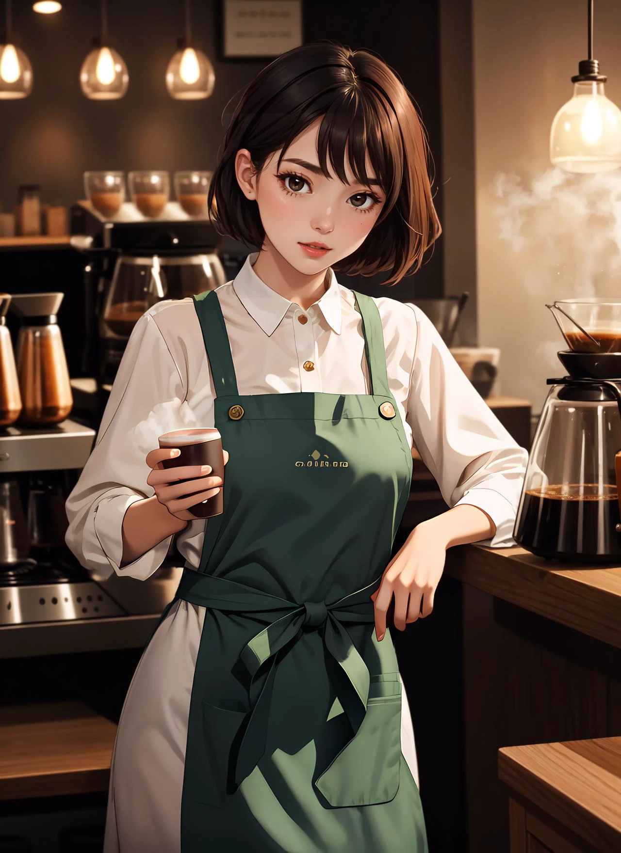 location: a cozy coffee shop with warm lighting and comfortable seating, BREAK, character: a petite and alluring barista with short hair, BREAK, clothing: nothing but a frilly apron that barely covers their modesty, emphasizing their delicate figure, BREAK, objects: a collection of high-end coffee equipment and freshly roasted beans, BREAK, atmosphere: steamy and provocative, BREAK, action: the naked barista confidently brewing up a storm of delicious coffee, with every move emphasizing their charming and  beauty, BREAK, quality: a tantalizing and unforgettable experience for all involved