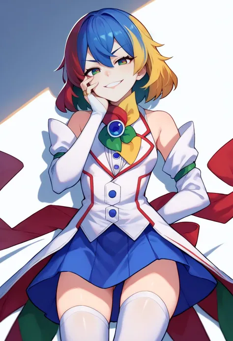 anime girl with blue hair and a white shirt and a red and white flag