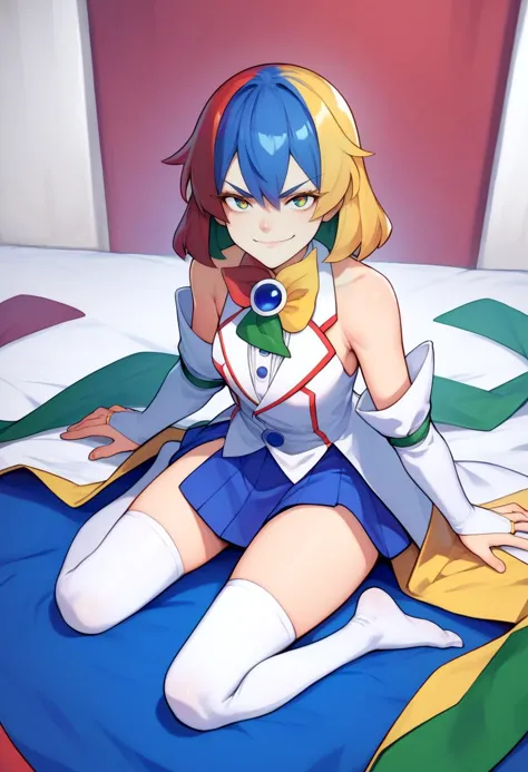 anime girl in a sailor suit sitting on a bed with a blanket