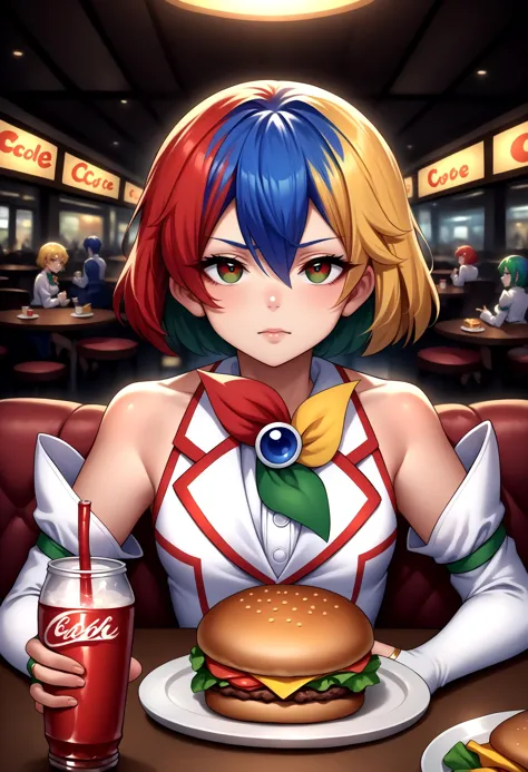 a woman sitting at a table with a hamburger and a drink