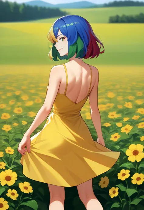 a woman in a yellow dress standing in a field of sunflowers