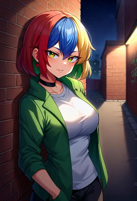 a woman with red hair and blue eyes standing in a alley