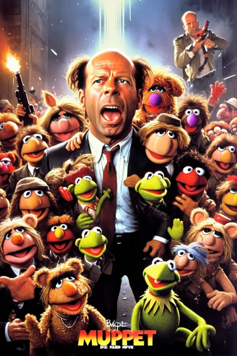 Movie poster of "Muppet Movie: Die Hard" starrying Bruce Willis, , movie poster,<lora:EMS-251729-EMS:0.800000>