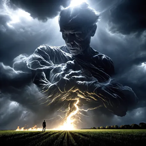 a man standing in a field with a lightning bolt coming out of his head