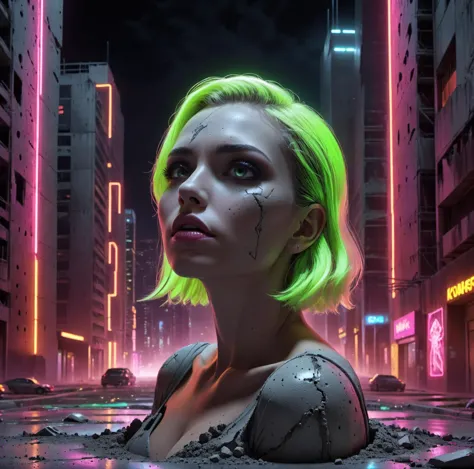 a woman with neon hair standing in a city at night