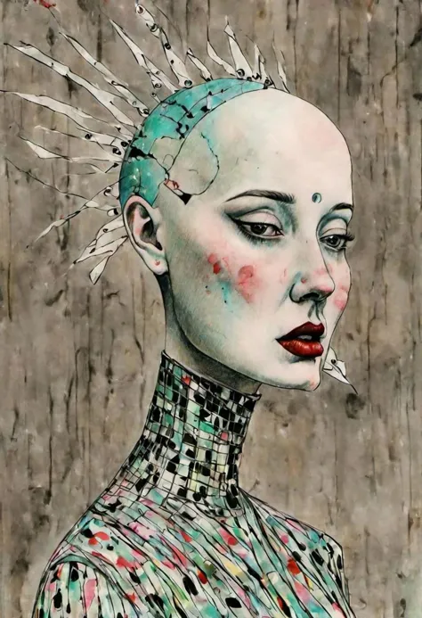 ling1, aquarelle, dessin, Surréalisme pop, peinture pop art de David Lynch et Luis Bunuel, (Prise de vue complète du corps:1.2) profil d&#39;une fille chauve rasée, lèvres légèrement entrouvertes, Expression sérieuse, suffisant, enveloppé dans du plastique, (coiffe cyber futuriste avant-gardiste scifi:1.5), dans un (pièce ancienne et sombre:1.2), bosse cutanée, pores de la peau, duvet de peau, poils du visage, diffusion souterraine, translucidité, chair de poule, micro-détails, (rétroéclairage naturel:1.3), lumière de jante, (pénombre:1.2), Ombres douces, profondeur de champ