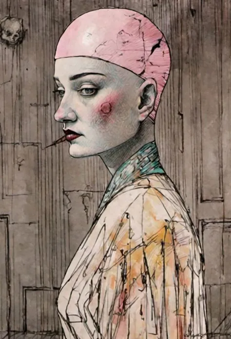 ling1, watercolor, drawing, pop surrealism, pop art painting by David Lynch and Luis Bunuel, (full body shot:1.8) profile of a s...