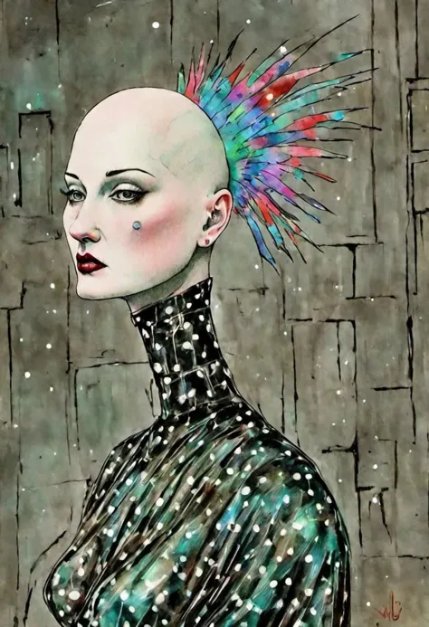 ling1, watercolor, drawing, pop surrealism, pop art painting by David Lynch and Luis Bunuel, (full body shot:1.2) profile of a shaved bald girl, slightly parted lips, serious expression, smug, wrapped in plastic, (scifi futurist avant-garde cyber headdress:1.5), in a (dark ancient room:1.2), skin bump, skin pores, skin fuzz, vellus facial hairs, subsurface scattering, transluscency, goose bump, micro details, (natural backlighting:1.3), rim light, (dim light:1.2), soft shadows, depth of field