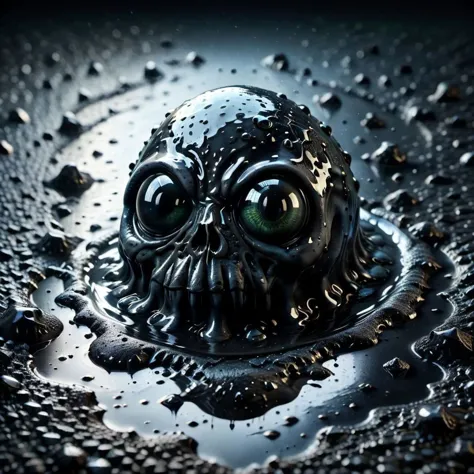 realistic photo of giant black shiny alien slime with voronoi pattern made of ais-tarmac and submerged into dirty waters with shiny glossy surface, mirrored imagery in Dark Art Painting Style, eerie dark creature with many eyes reflecting dimmed light, (reflection in eyes, refraction and reflecting surface, reflection in water:1.1), eerie atmosphere, surreal image, foggy, misty, depth of field, swirly bokeh, (extraterrestrial creature made of translucent black material:1.125), Kodak portra 400, highly detailed:1.1), bioluminescent creatures in background:1.1), fungus sprouts, fine texture, incredibly lifelike