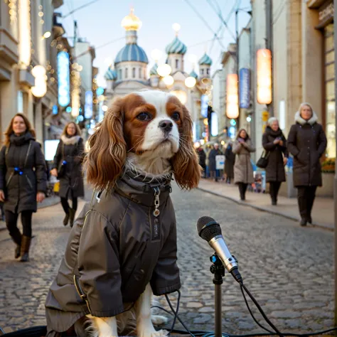 there is a dog that is sitting on a leash in front of a microphone