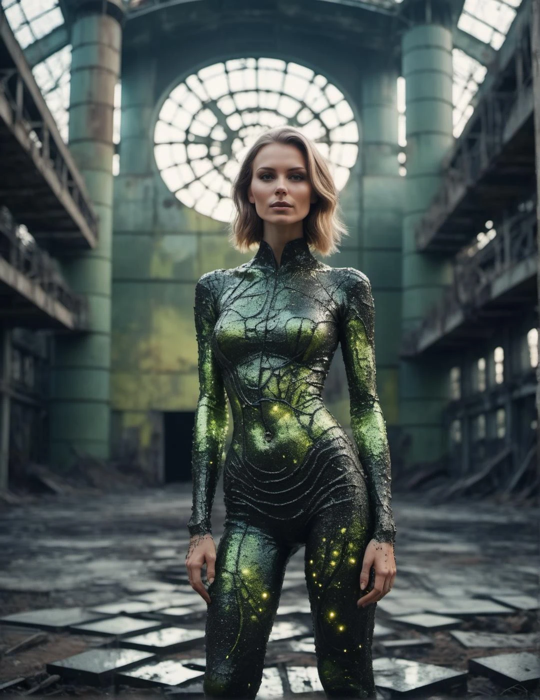 realistic full body shot of (elegant Slavic woman:1.15) with natural skin texture and intricate body art and perfect feminine anatomy showing open palm, abandoned industrial zone in Chernobyl, Voronoi-shaped blocks on the ground, dark carbon voxels with sharp edges, low-poly abandoned nuclear plant, (perfect hands:1.23), (glitter:0.85), (shiny black slime, Voronoi scales, depth of field, (swirly bokeh:1.275), (Kodak Portra 400:0.925) :1.25), (realistic complex abandoned nuclear plant background:1.1), shiny glass, (cosmic horror, gloom, light leaks, mysterious, surreal:1.1), remarkable masterpiece, celestial, ethereal, epic, magical light flares, natural soft dreamy lighting, ((warm-yellow and cold-green:0.85), cinematic look, ideal hand anatomy, hairy pubic, hairy armpits:1.25)