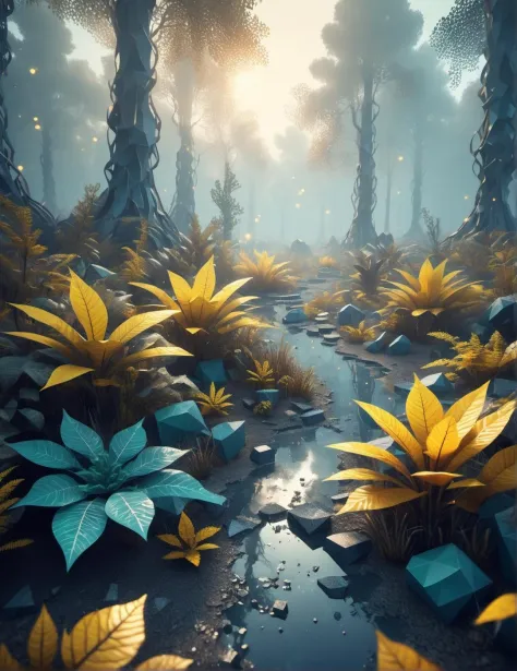 3d game concept scenery of extraterrestrial low-poly forest with Voronoi-shaped blocks on the ground, voxel-based landscape, intricate lowpoly plants, translucent bio-luminescent materials, warm-yellow leafs, (Voronoi pattern, depth of field, (swirly bokeh:1.225), (Kodak Portra 400:0.875) :1.3), (realistic complex abandoned nuclear plant background:1.1), shiny glass, (turbulent mist on the ground, surreal early morning lights:1.25), remarkable masterpiece, celestial, ethereal, epic, magical light flares, natural soft dreamy lighting, ((cold-blue and deep-carbon:0.7), (cinematic look:1.1), ideal fingers:1.3)