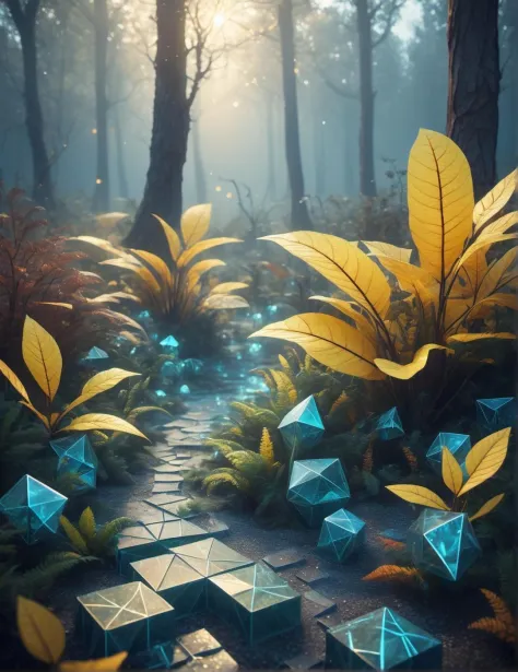 3d game concept scenery of extraterrestrial low-poly forest with Voronoi-shaped blocks on the ground, voxel-based landscape, int...