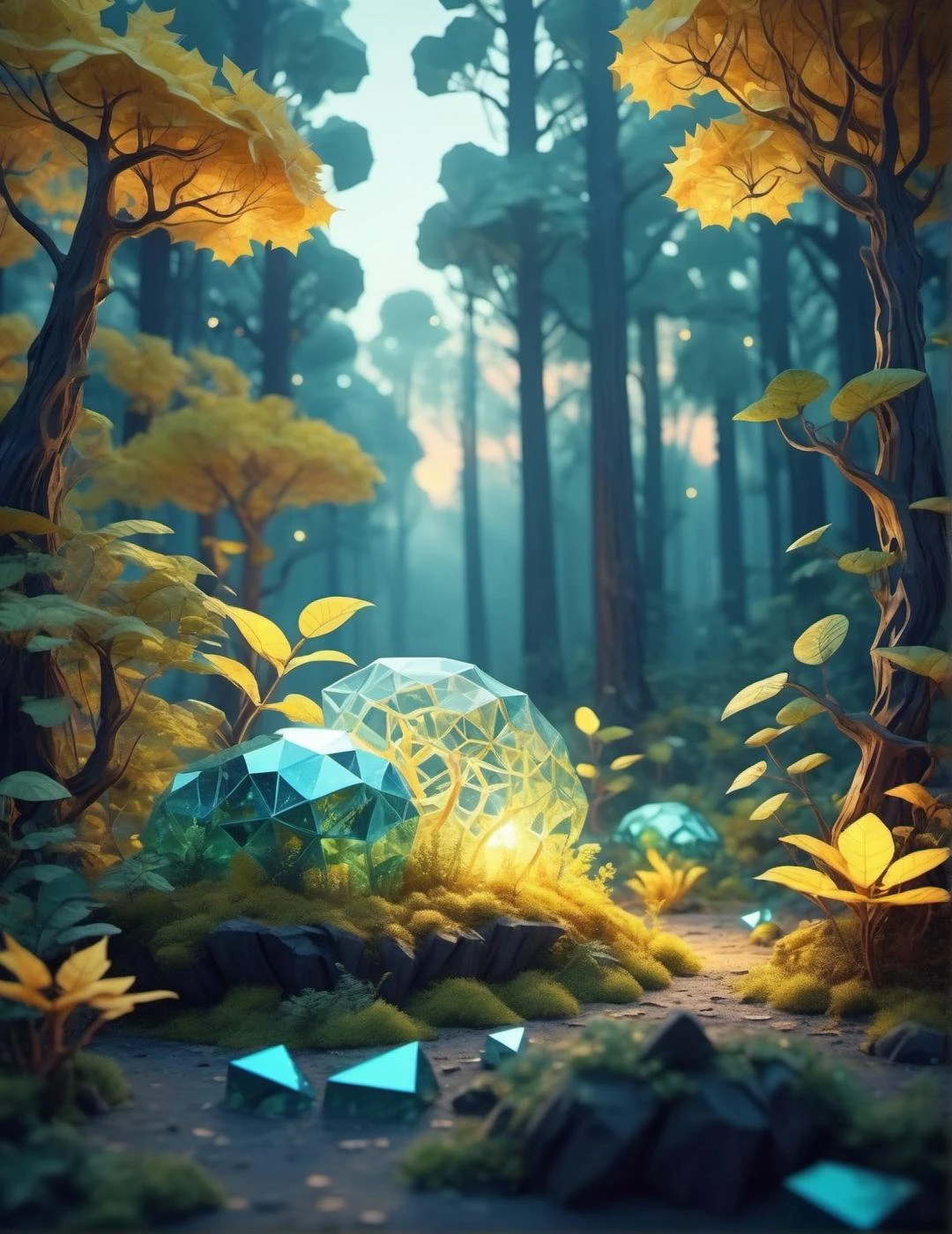 3D 游戏概念风景：外星低多边形森林，地面上有 Voronoi 形方块, 基于体素的景观, 复杂的低多边形植物, 半透明生物发光材料, 暖黄色的叶子, (Voronoi 图案, 景深, (旋涡状散景:1.225), (柯达 portra 400:0.875) :1.3), (逼真的复杂外星丛林背景:1.1), 闪亮的玻璃, (湍流毒气, 史诗 surreal sunset in woods, 低调灯光:1.25), 非凡杰作, 天上的, 缥缈, 史诗, 魔法光焰, 自然柔和梦幻的灯光, ((冷蓝色和深碳:0.7), (电影般的感觉:1.15):1.15)