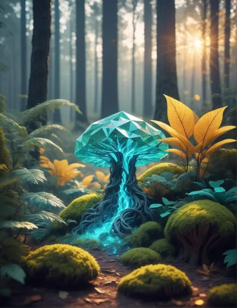 3d game concept scenery of extraterrestrial low-poly forest with Voronoi-shaped blocks on the ground, voxel-based landscape, intricate lowpoly plants, translucent bio-luminescent materials, warm-yellow leafs, (Voronoi pattern, depth of field, (swirly bokeh:1.225), (Kodak Portra 400:0.875) :1.3), (realistic complex alien jungle background:1.1), shiny glass, (turbulent toxic vapor, epic surreal sunset in woods, low key light:1.25), remarkable masterpiece, celestial, ethereal, epic, magical light flares, natural soft dreamy lighting, ((cold-blue and deep-carbon:0.7), (cinematic look:1.15):1.15)