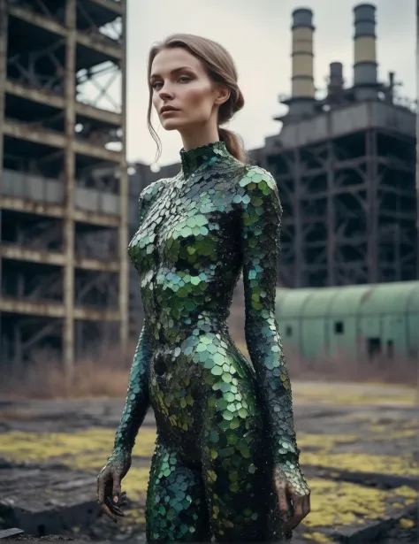 realistic full body shot of (elegant Slavic woman:1.15) with natural skin texture and intricate body art and perfect feminine anatomy, abandoned industrial zone in Chernobyl, Voronoi-shaped blocks on the ground, dark carbon voxels with sharp edges, low-poly abandoned nuclear plant, (perfect hands:1.23), (glitter:0.85), (shiny black slime, Voronoi scales, depth of field, (swirly bokeh:1.275), (Kodak Portra 400:0.925) :1.25), (realistic complex abandoned nuclear plant background:1.1), shiny glass, (cosmic horror, gloom, light leaks, mysterious, surreal:1.1), remarkable masterpiece, celestial, ethereal, epic, magical light flares, natural soft dreamy lighting, ((warm-yellow and cold-green:0.85), cinematic look, ideal hand anatomy, hairy pubic, hairy armpits:1.25)