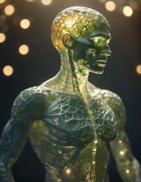 mesmerizing realistic photo of a (male figure made entirely of otherworldly luminescent and translucent materials:1.05) (trying to pull on the artificial skin:1.15), see-through body, veins and bones visible through translucent tissues and transparent skin, intricate tissue details, detailed vegetables, early morning natural soft light, firm perky breasts, alluring titties, flat chest, translucent bio-luminescent materials, ultra-realistic, (Voronoi pattern, depth of field, (swirly bokeh:1.275), (Kodak Portra 400:0.875) :1.15), (realistic complex futuristic background, lots of futuristic cooking devices:1.1), shiny glass, (rim lighting, low key light:1.15), celestial, ethereal, epic, magical light flares, natural soft dreamy lighting, ((warm-yellow and deep-carbon:0.7), (cinematic look:1.15):1.15)