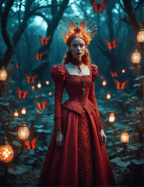 mesmerizing surreal film still of a red queen from Alice in Wonderland, magical dreamland bokehlicious background, Alice journey...