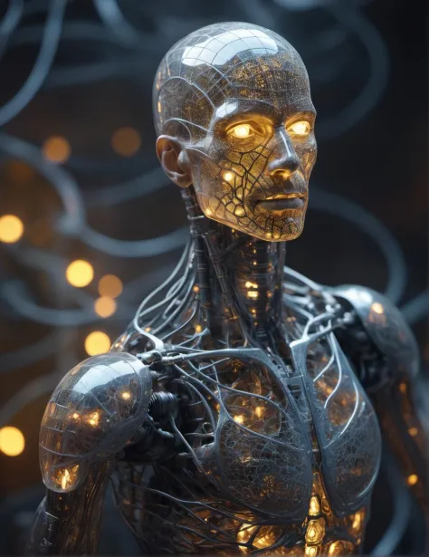 mesmerizing realistic photo of a (cybernetic male figure made entirely of otherworldly luminescent and translucent materials:1.05) (trying to pull on the artificial skin over cybernetic implants:1.2), see-through body, veins and bones visible through translucent tissues and transparent skin, intricate tissue details, detailed vegetables, early morning natural soft light, translucent bio-luminescent materials, ultra-realistic, (Voronoi pattern, depth of field, (swirly bokeh:1.275), (Kodak Portra 400:0.875) :1.15), (realistic complex futuristic background, lots of futuristic cooking devices:1.1), shiny glass, (rim lighting, low key light:1.15), celestial, ethereal, epic, magical light flares, natural soft dreamy lighting, ((warm-yellow and deep-carbon:0.7), (cinematic look:1.15):1.15)