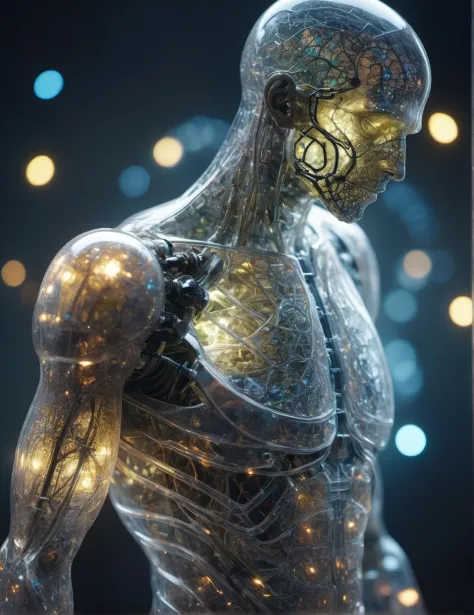 mesmerizing realistic photo of a (cybernetic male figure made entirely of otherworldly luminescent and translucent materials:1.0...