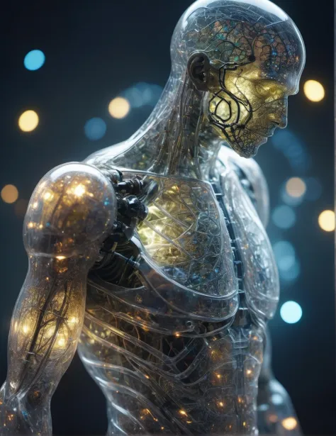 mesmerizing realistic photo of a (cybernetic male figure made entirely of otherworldly luminescent and translucent materials:1.05) (trying to pull on the artificial skin over cybernetic implants:1.2), see-through body, veins and bones visible through translucent tissues and transparent skin, intricate tissue details, detailed vegetables, early morning natural soft light, translucent bio-luminescent materials, ultra-realistic, (Voronoi pattern, depth of field, (swirly bokeh:1.275), (Kodak Portra 400:0.875) :1.15), (realistic complex futuristic background, lots of futuristic cooking devices:1.1), shiny glass, (rim lighting, low key light:1.15), celestial, ethereal, epic, magical light flares, natural soft dreamy lighting, ((warm-yellow and deep-carbon:0.7), (cinematic look:1.15):1.15)