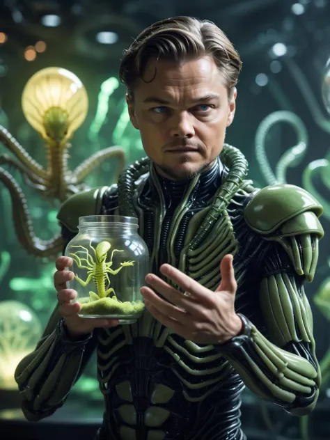 mesmerizing (realistic film still:0.95) with squinting organic android with face of Leonardo Dicaprio holding a glass jar with alien xenomorph facehugger in his outstretched hand, translucent (bio-luminescent tissues:1.05), (Voronoi pattern, depth of field, (swirly bokeh:1.275) :1.15), (complex futuristic background, lots of cybernetic apparatus:1.1), shiny glass, (rim lighting, low key light:1.15), celestial, ethereal, natural soft dreamy lighting, ((warm-yellow and deep-carbon:0.7), (cinematic look:1.15):1.15)