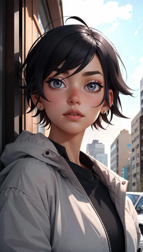 1girl, (tomboy:1.5), black hair, messy hair, grey eyes, residential area, oversized jacket, 
masterpiece, best quality, ((intric...