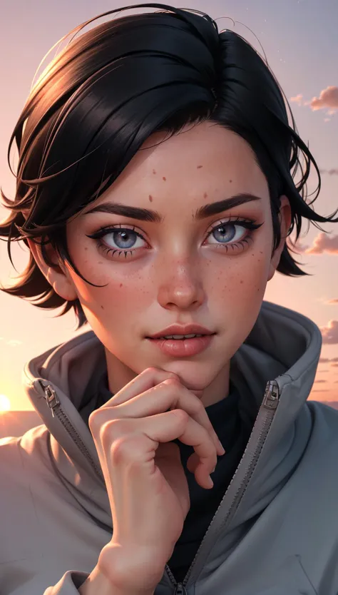 1girl, (tomboy:1.5), black hair, messy hair, grey eyes,  crew neck, crew cut, unzipped jacket, sunset, skyscraper, red sky, 
mas...