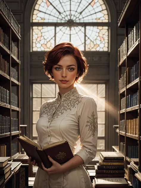 a woman in a white dress holding a book in a library