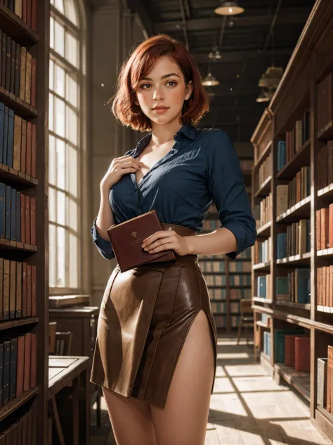 A sophisticated woman in a vintage bookstore, engrossed in an ancient, leather-bound tome, with dusty rays of light streaming th...