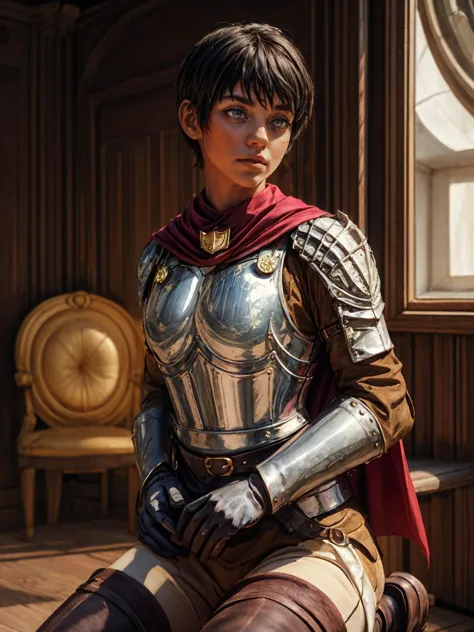 pov, 1girl,  casca \(berserk\), breastplate, brown gloves, thigh boots, shoulder armor, cape, pelvis curtain,  looking at viewer...