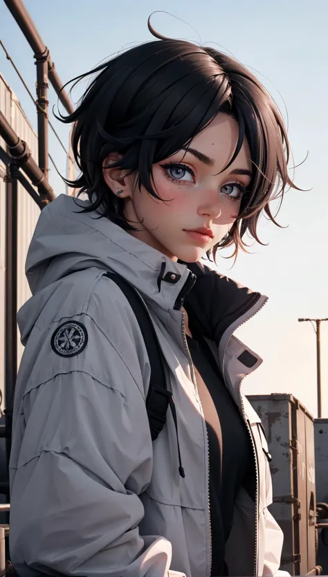 1girl, (tomboy:1.5), black hair, messy hair, grey eyes, industrial area, oversized jacket, 
masterpiece, best quality, ((intrica...