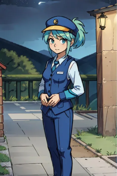 pkmnofficer,1girl,standing,medium breasts,arms at side,facing viewer,green hair,ponytail,(full body),pants,vest,blue shirt,blue hat,outdoors,at night,serious expression, 