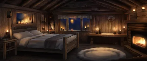 a wooden cabin interior during the middle of the night with candles with fur rugs and a lit fireplace,  <lora:detailed interior ...