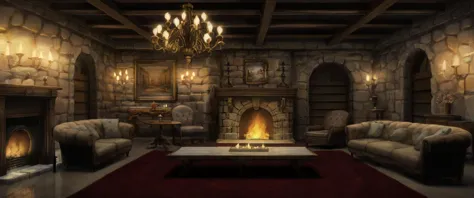 a stone castle interior during the middle of the night with chandeliers, fur rugs and a lit fireplace,  <lora:detailed interior ...