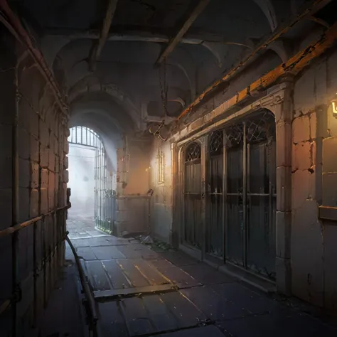 A darkened corridor, harsh lighting, rusty iron bars, desolate interior environment, a prison, a jail, a terrifying scenario.,,,...