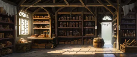 a beautiful medieval wooden store front during the day with sun rays shining through the window on a rainy day,  <lora:detailed ...