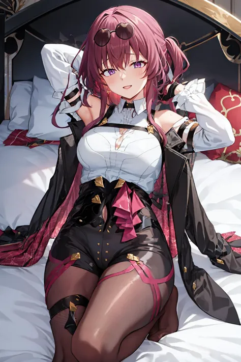 masterpiece, best quality,  <lora:kafka-nvwls-v1-final:0.9> kafka, purple eyes, sunglasses on head, black jacket, collared shirt, black shorts, pantyhose, seiza, bed, arms behind head, smile <lora:hagoonha-Style-000042:1>