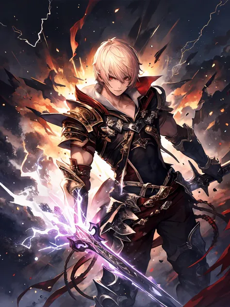 a man with a sword and armor standing in front of a lightning