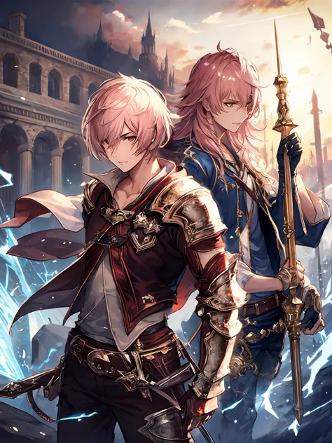 masterpiece,best quality,highres,cinematic lighting,dramatic angle,<lora:CygamesAlbert&YuriusV1-000018:0.8>,2boys,yurius,pink hair,;long hair, yellow eyes,armor,collar,blue open jacket,white shirt,electricity,long sleeves,cape,gloves,ribbons,sash,leather jeans,boots,holding staff,back to back,depth of field,determined,cowboy shot