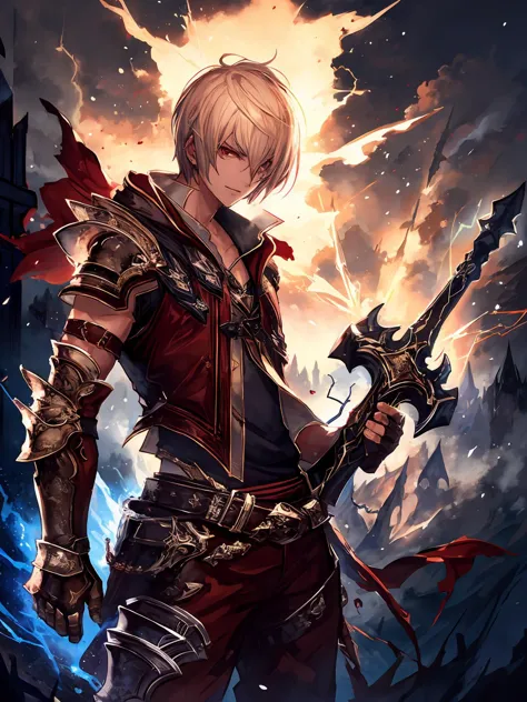 masterpiece,best quality,highres,cinematic lighting,dramatic angle,<lora:CygamesAlbert&YuriusV1-000018:0.8>  ,albert,1boy,blonde hair,short hair,red eyes,black armor,scarf,holding weapon,electricity,lightning,sword,action pose,dynatic angle,looking at viewer,serious,gloves,cowboy shot,Thunderous Doom,evil smile,shaded face,black theme,purple lightning,dark lights,dark lightning