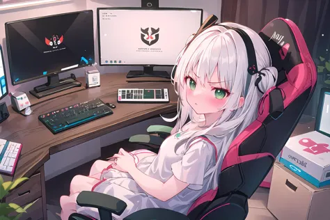 hires,high quality,best quality,1girl,mature female,upper body, green eyes, white hair, very long hair,gaming-room, gaming chair, sitting on chair, playing games, looking at viewer, full blush, playing games, angry, frustrated, keyboard (computer), mouse (computer), from side, game on screen
