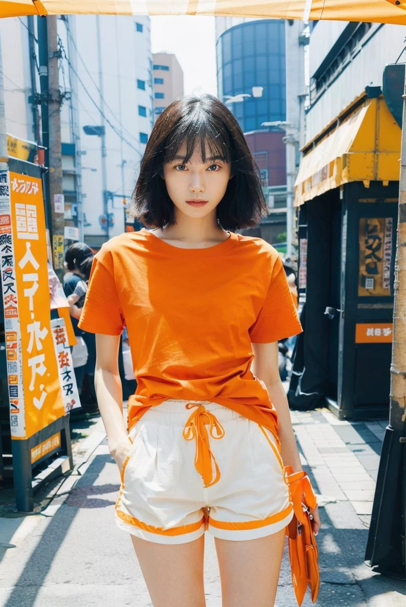 (orange t-shirt:1.3),(((shorts))),
daylightallure,street city,(akihabara \(tokyo\):1.2),white t-shirt,85mm,
vivid colours,romanticism,atmospheric,
RAW photo,8k,best quality,ultra high res,beautiful,
unity 8k wallpaper,ultra detailed,beautiful and aesthetic,
(photorealistic:1.4),(extremely intricate:1.4),
(exquisitely detailed skin),perfect anatomy,best shadow,delicate,