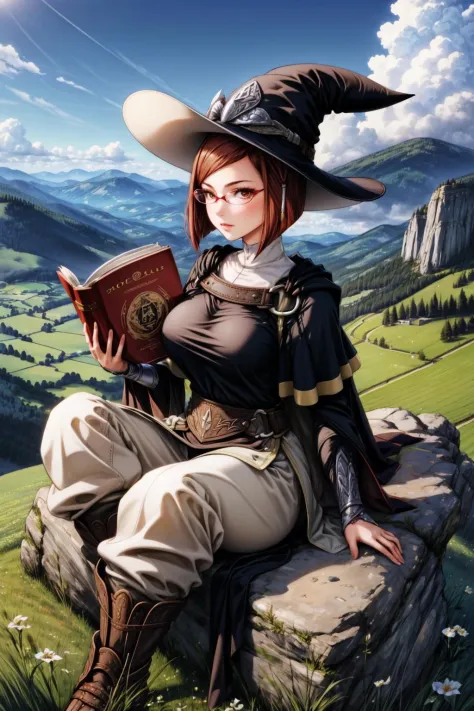 masterpiece, best quality, miriel, glasses, cape, black robe, tabard, witch's hat, brown pants, boots, large breasts, sitting, f...