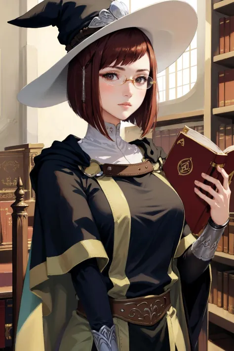 masterpiece, best quality, miriel, glasses, cape, black robe, large breasts, tabard, witch's hat, brown pants, upper body, looki...
