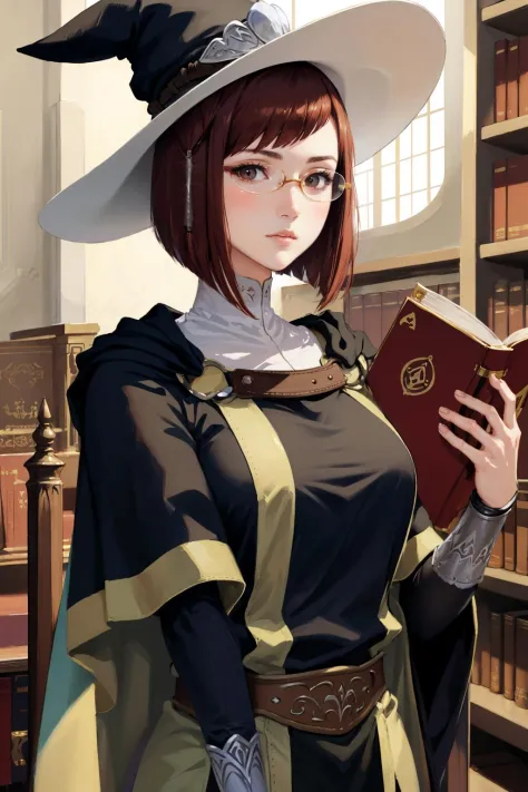 masterpiece, best quality, miriel, glasses, cape, black robe, large breasts, tabard, witch's hat, brown pants, upper body, looking at viewer, expressionless, library, holding book <lora:miriel-nvwls-v1-000012:0.9>