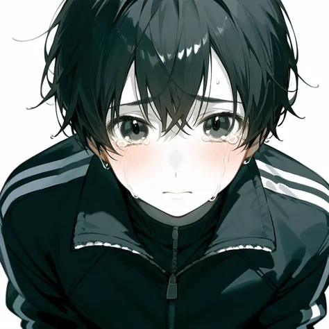 anime boy with black hair and black jacket sitting down