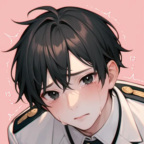 score_9,score_8_up,score_7_up,detailed face,<lora:hanman-000004:1>,1boy,black hair,bangs,black eyes,blush,crying,crying with eyes open,white skin,uniform,looking at viewer,trembling,pink background,best quality,<lora:add-detail-xl:1>,