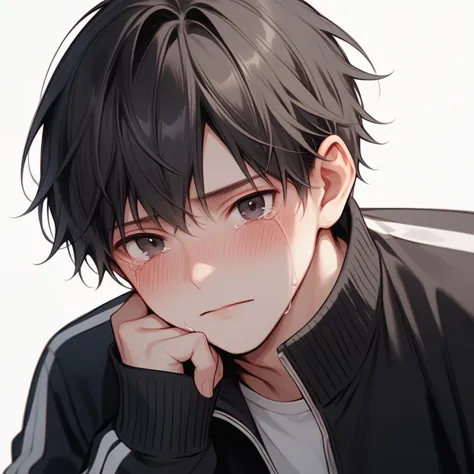 score_9,score_8_up,score_7_up,detailed face,<lora:hanman-000004:1>,1boy,black hair,bangs,track jacket,black jacket,black eyes,blush,crying with eyes open,white skin,looking at viewer,simple background,best quality,<lora:add-detail-xl:1>,